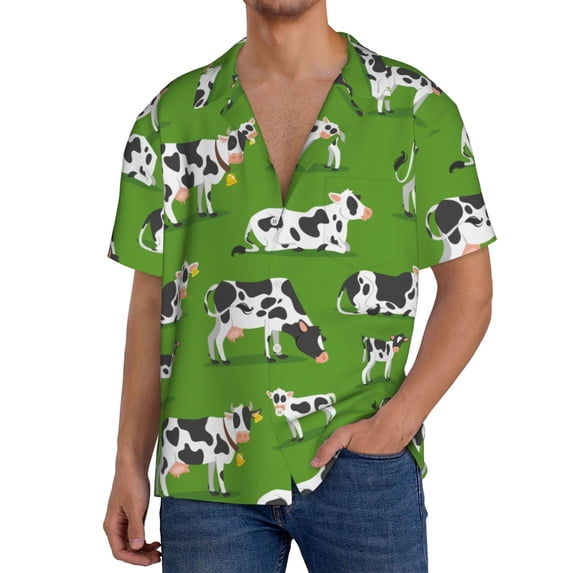 Uemuo Cows With Calfs Green Pattern Cotton Linen Short Sleeve Shirts,Casual Lightweight Button Down Shirts,Vacation Beach Summer Tops-3X-Large