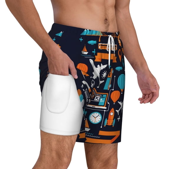 Uemuo Creative Transport Pattern Mens Swim Trunks Quick Dry Board Shorts with Mesh Lining, Stretch Beach Shorts Quick Dry No-Chafing Board Shorts-Large
