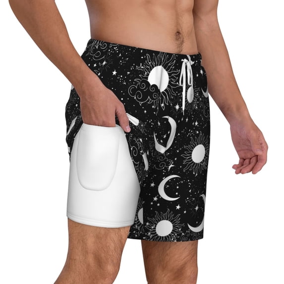 Uemuo Crescent and Stars Pattern Mens Swim Trunks Quick Dry Board Shorts with Mesh Lining, Stretch Beach Shorts Quick Dry No-Chafing Board Shorts-X-Large