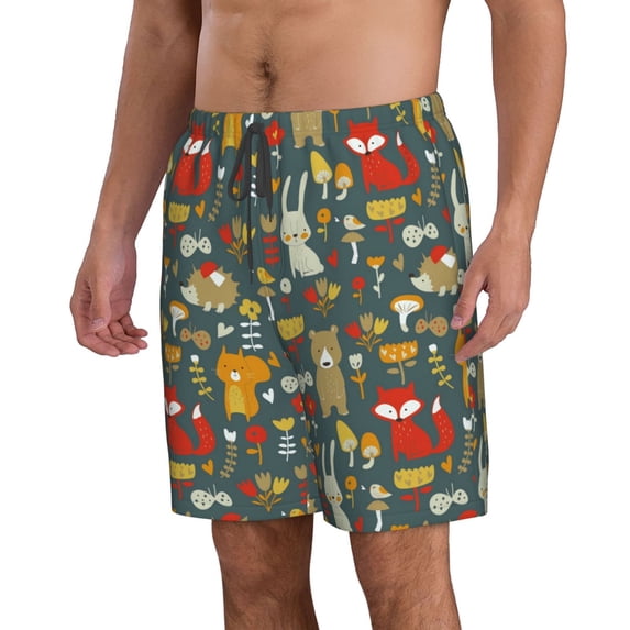 Uemuo Cute Animal Forest Pattern Men's Swim Trunks Hawaiian Beach Bathing Suit Swimsuits Beach Quick-Dry Shorts with Pockets-XX-Large