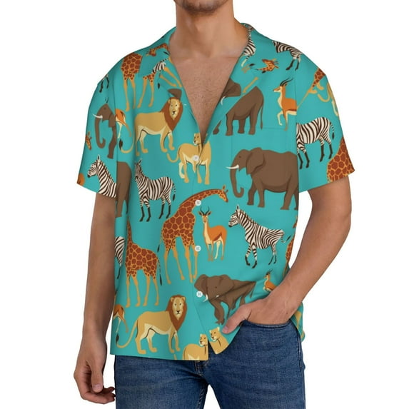 Uemuo Cute Animals Pattern Cotton Linen Short Sleeve Shirts,Casual Lightweight Button Down Shirts,Vacation Beach Summer Tops-Large