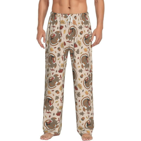Uemuo Cute Autumn Turkey Pattern Men's Wide Leg Palazzo Lounge Pants with Pockets Light Weight Loose Comfy Casual Pajama Pants-Small