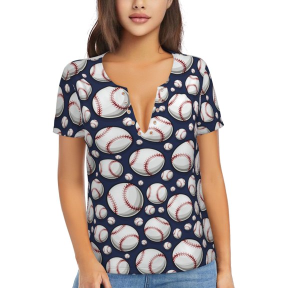 Uemuo Cute Basebal Drawing Women's Deep V-Neck Low Cut Tops - Casual Loose Fit with Stainless Steel Loop, Soft, Breathable, Perfect for Office, Travel, and Daily Wear-Large