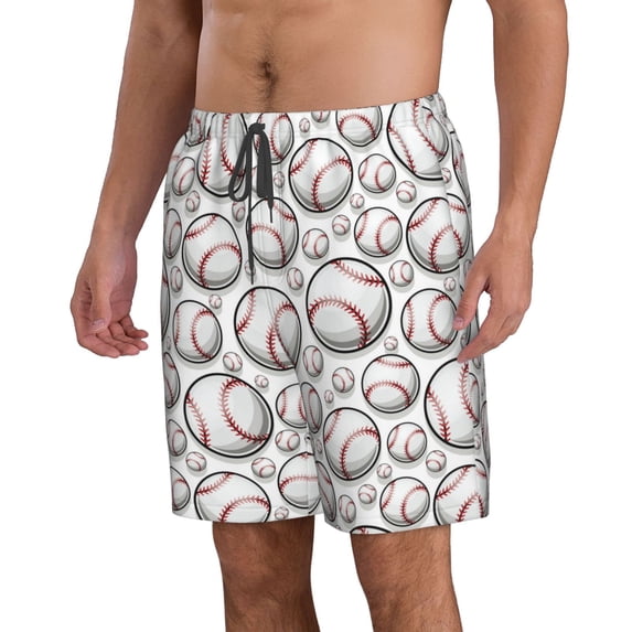Uemuo Cute Baseball Pattern Men's Swim Trunks Hawaiian Beach Bathing Suit Swimsuits Beach Quick-Dry Shorts with Pockets-Large