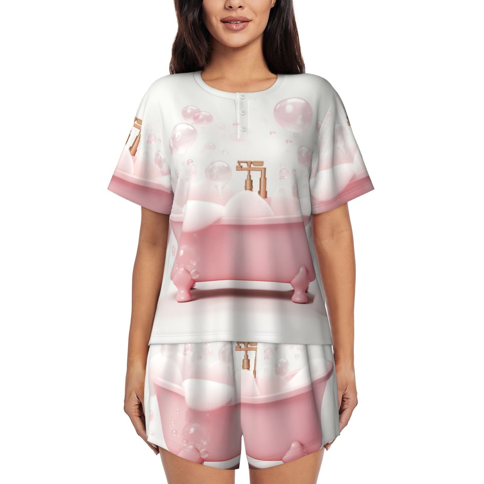 Cute Bathtub Pattern Women's Short-Sleeved Pajama, Button-Front Loungewear, 2-Piece Summer Sleepwear, Elastic Drawstring Shorts-4X-Large