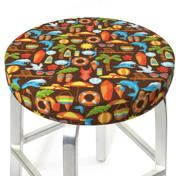 Uemuo Cute Beach Dolphin Pattern Round Bar Stool Seat Covers Washable Stool Cushion Slipcover Elastic Bar Chair Covers-14 inch