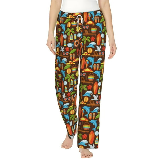 Uemuo Cute Beach Dolphin Pattern Women's Wide Leg Palazzo Lounge Pants with Pockets Light Weight Loose Comfy Casual Pajama Pants-Large