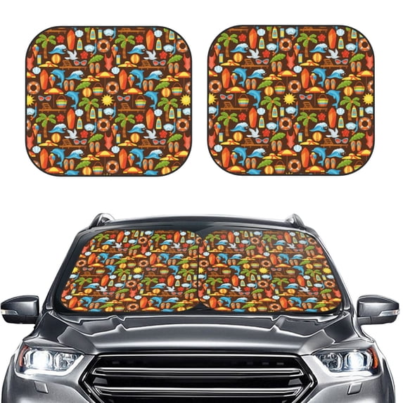 Uemuo Cute Beach Dolphin Printed 2 PCS Car Windshield Sun Shade, Auto Sun Heat and UV Rays Blocker, Foldable Automotive Front Window Sunshade Protector
