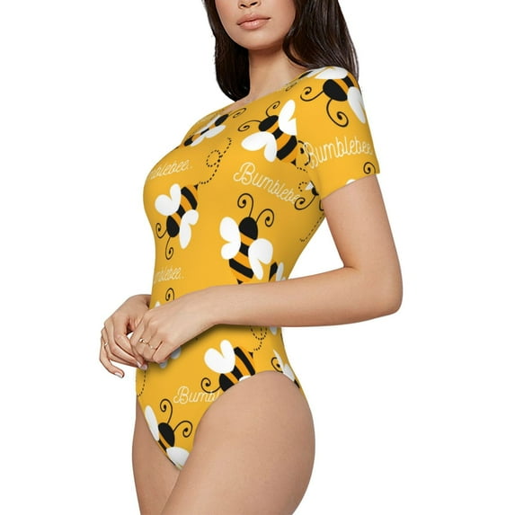 Uemuo Cute Bee Butterfly Yelllow Pattern Women's One Piece Short Sleeve Swimsuit Rash Guard Surfing Modest Quick-drying Swimsuit Beach Essentials-Medium