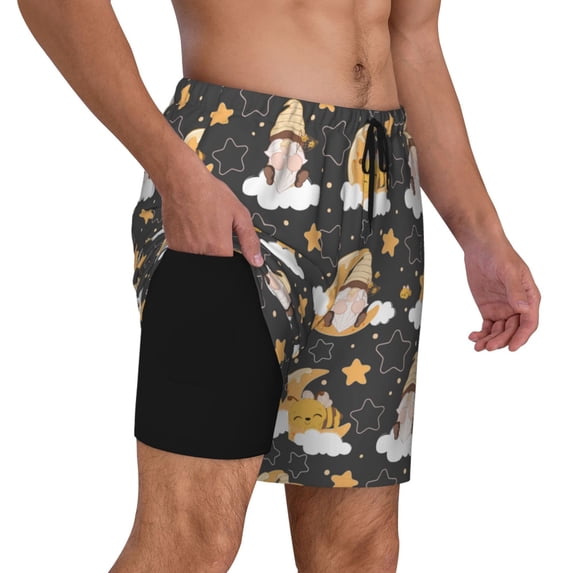 Uemuo Cute Bee Gnome Pattern Mens Swim Trunks Quick Dry Board Shorts with Mesh Lining, Stretch Beach Shorts Quick Dry No-Chafing Board Shorts-X-Large