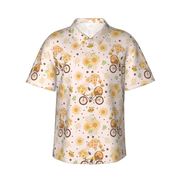 Uemuo Cute Bee Gnome1 Printed Regular Fit Short Sleeve Casual Hawaiian Shirt for Men,Aloha shirt,Tropical shirt,Floral print shirt,Vacation Beach shirt-Medium