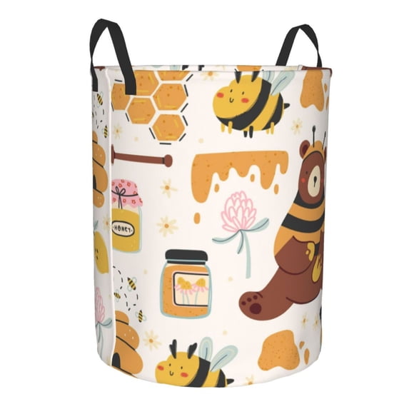 Uemuo Cute Bee Honey Jar Hive Bear Pattern Circular Laundry Hamper Basket with handles,Collapsible laundry basket,Large capacity laundry hamper,Laundry Organizer-