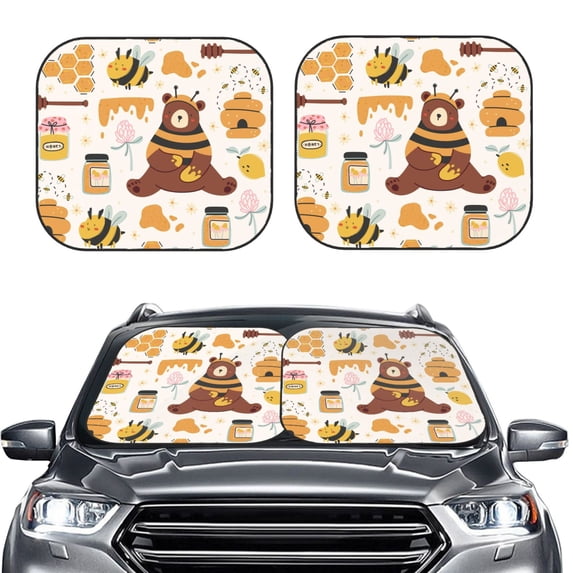 Uemuo Cute Bee Honey Jar Hive Bear Printed 2 PCS Car Windshield Sun Shade, Auto Sun Heat and UV Rays Blocker, Foldable Automotive Front Window Sunshade Protector