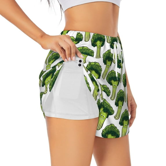 Uemuo Cute Broccoli Pattern Women's Athletic Shorts High Waisted Running Shorts with Liner Pockets Gym Elastic Workout Shorts-Large