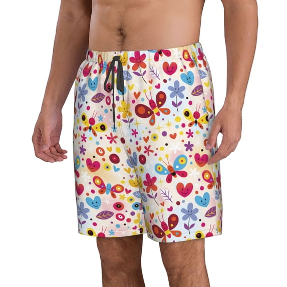 Uemuo Cute Butterfly Flowers Pattern Men's Swim Trunks Hawaiian Beach Bathing Suit Swimsuits Beach Quick-Dry Shorts with Pockets-Medium