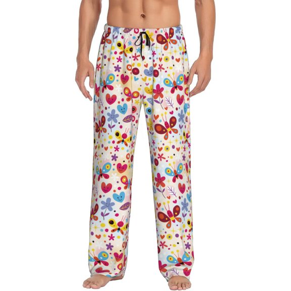 Uemuo Cute Butterfly Flowers Pattern Men's Wide Leg Palazzo Lounge Pants with Pockets Light Weight Loose Comfy Casual Pajama Pants-X-Large