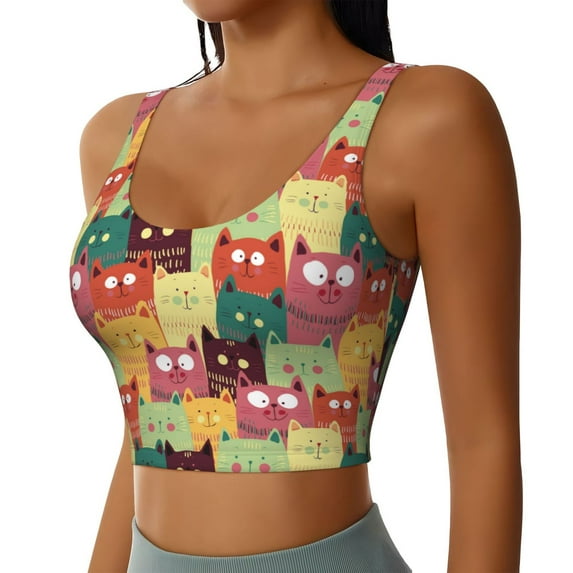 Uemuo Cute Cartoon Cat Pattern Women's Sports Bra - High Impact Support, Breathable, and Comfortable Athletic Bra for Running, Yoga, and Workouts