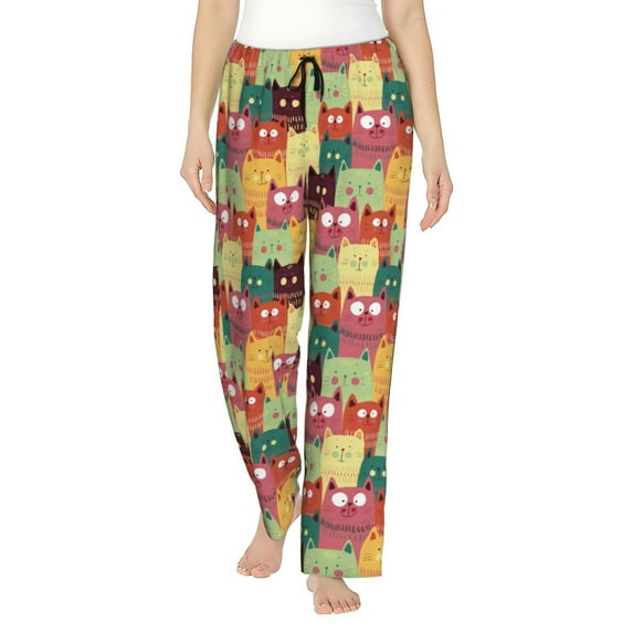 Uemuo Cute Cartoon Cat Pattern Women's Wide Leg Palazzo Lounge Pants with Pockets Light Weight Loose Comfy Casual Pajama Pants-Small