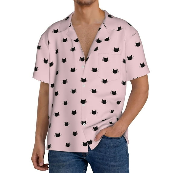 Uemuo Cute Cat Pattern Cotton Linen Short Sleeve Shirts,Casual Lightweight Button Down Shirts,Vacation Beach Summer Tops-4X-Large