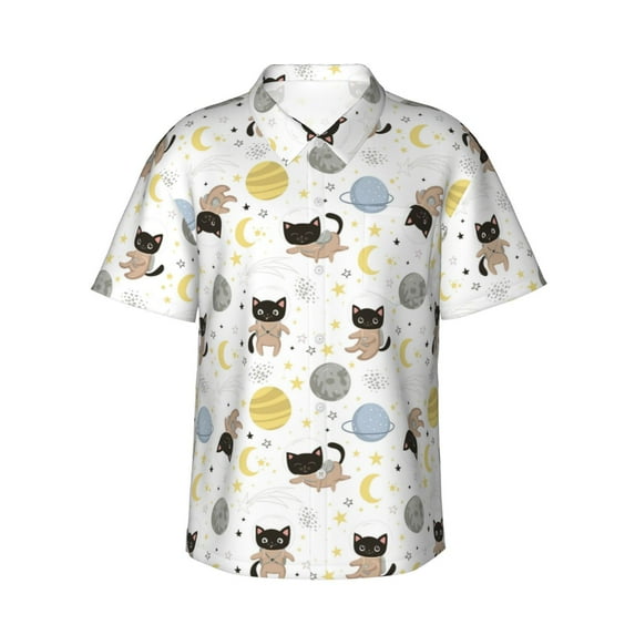 Uemuo Cute Cat Printed Regular Fit Short Sleeve Casual Hawaiian Shirt for Men,Aloha shirt,Tropical shirt,Floral print shirt,Vacation Beach shirt-Large