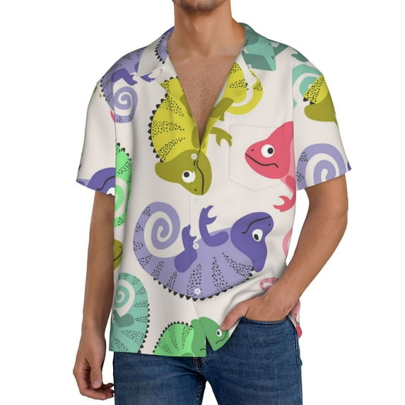 Uemuo Cute Chameleons Pattern Cotton Linen Short Sleeve Shirts,Casual Lightweight Button Down Shirts,Vacation Beach Summer Tops-Large