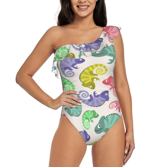 Uemuo Cute Chameleons Print Women's One Piece Swimsuit Asymmetrical Neck Bathing Suit One Shoulder Side Cutout Ruffle Swimwear-Medium