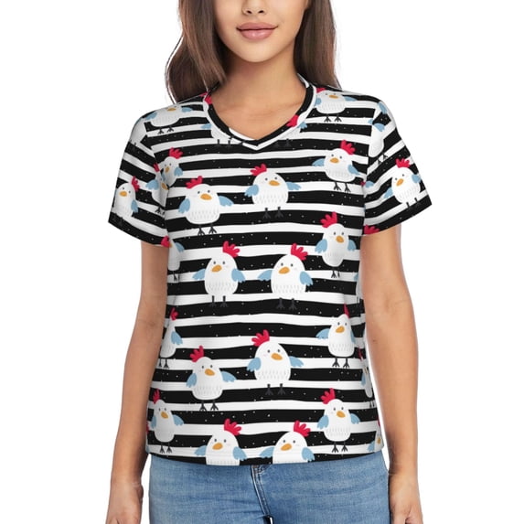 Uemuo Cute Chicken Printed Women's Classic V-Neck T-Shirt - Soft, Breathable, Moisture-Wicking, Perfect for Casual, Office, Travel, and Everyday Wear-Large