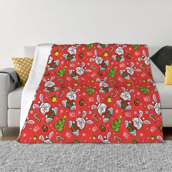 Uemuo Cute Christmas Bunny Printed Throw Blanket for Couch, Fluffy Fuzzy Blankets for Bed, Sofa, Cozy Flannel Faux Fur Blanket-50"x40"