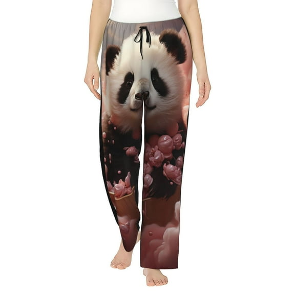 Uemuo Cute Cloud Panda Pattern Women's Wide Leg Palazzo Lounge Pants with Pockets Light Weight Loose Comfy Casual Pajama Pants-Large