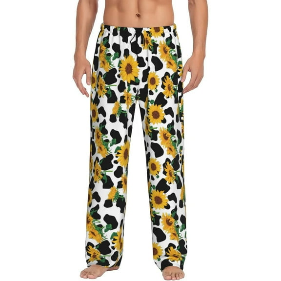 Uemuo Cute Cow Print Sunflower A Pattern Men's Wide Leg Palazzo Lounge Pants with Pockets Light Weight Loose Comfy Casual Pajama Pants-Small