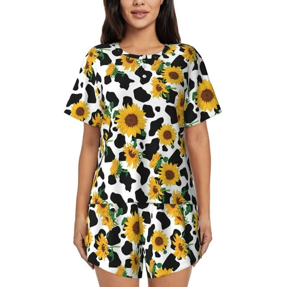 Uemuo Cute Cow Print Sunflower A Pattern Women's Short-Sleeved Pajama, Button-Front Loungewear, 2-Piece Summer Sleepwear, Elastic Drawstring Shorts-3X-Large