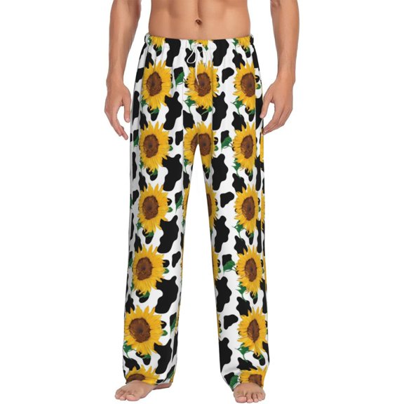 Uemuo Cute Cow Print Sunflower B Pattern Men's Wide Leg Palazzo Lounge Pants with Pockets Light Weight Loose Comfy Casual Pajama Pants-Small