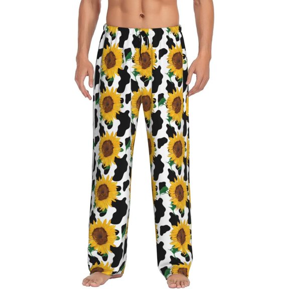 Uemuo Cute Cow Print Sunflower B Pattern Men's Wide Leg Palazzo Lounge Pants with Pockets Light Weight Loose Comfy Casual Pajama Pants-XX-Large