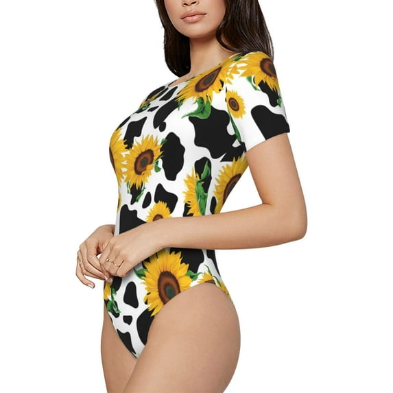 Uemuo Cute Cow Print Sunflower D Pattern Women's One Piece Short Sleeve Swimsuit Rash Guard Surfing Modest Quick-drying Swimsuit Beach Essentials-Medium