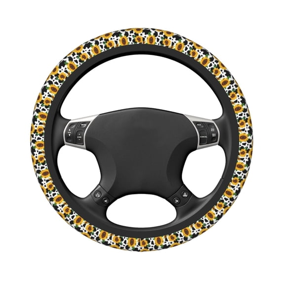 Uemuo Cute Cow Print Sunflower D Printed Car Elastic Steering Wheel Cover - Universal Car Accessory for Diverse Cars Anti-Slip, and Comfortable- 15"