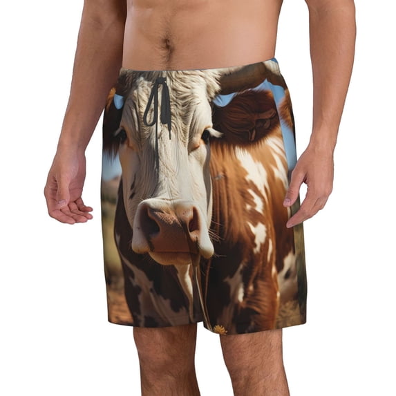 Uemuo Cute Daisy Cow Pattern Men's Swim Trunks Hawaiian Beach Bathing Suit Swimsuits Beach Quick-Dry Shorts with Pockets-XX-Large