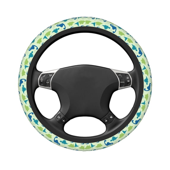 Uemuo Cute Dinosaur Blue Green Printed Car Elastic Steering Wheel Cover - Universal Car Accessory for Diverse Cars Anti-Slip, and Comfortable- 15"