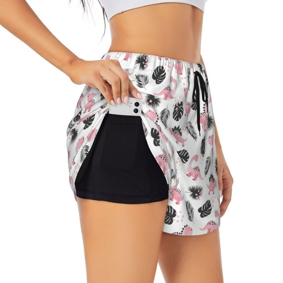 Uemuo Cute Dinosaur Pattern Women's Athletic Shorts High Waisted Running Shorts with Liner Pockets Gym Elastic Workout Shorts-Medium