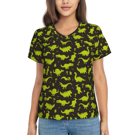 Uemuo Cute Dinosaurs (2) Printed Women's Classic V-Neck T-Shirt - Soft, Breathable, Moisture-Wicking, Perfect for Casual, Office, Travel, and Everyday Wear-X-Large
