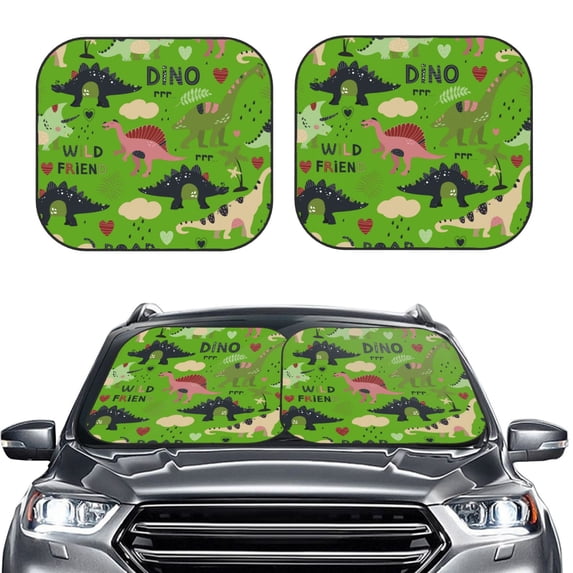 Uemuo Cute Dinosaurs Printed 2 PCS Car Windshield Sun Shade, Auto Sun Heat and UV Rays Blocker, Foldable Automotive Front Window Sunshade Protector