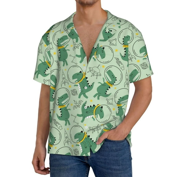 Uemuo Cute Dinosaurs in Space Pattern Cotton Linen Short Sleeve Shirts,Casual Lightweight Button Down Shirts,Vacation Beach Summer Tops-4X-Large