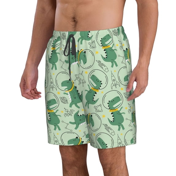 Uemuo Cute Dinosaurs in Space Pattern Men's Swim Trunks Hawaiian Beach Bathing Suit Swimsuits Beach Quick-Dry Shorts with Pockets-Large