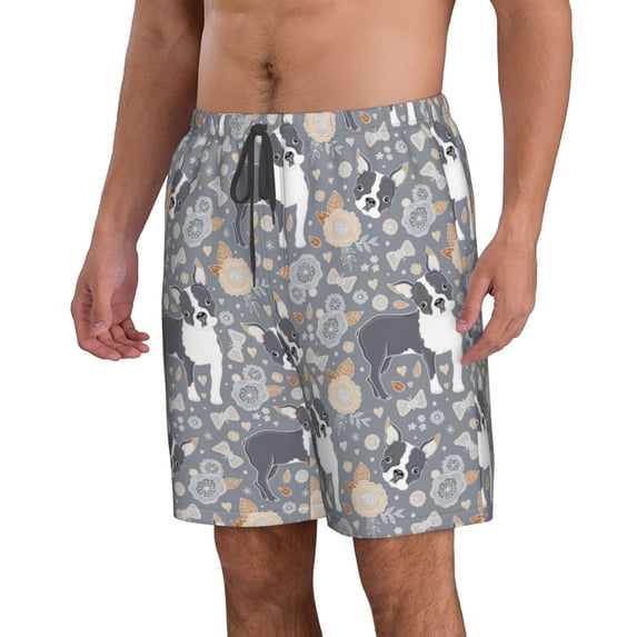 Uemuo Cute Dog And Flowers Pattern Men's Swim Trunks Hawaiian Beach Bathing Suit Swimsuits Beach Quick-Dry Shorts with Pockets-Large