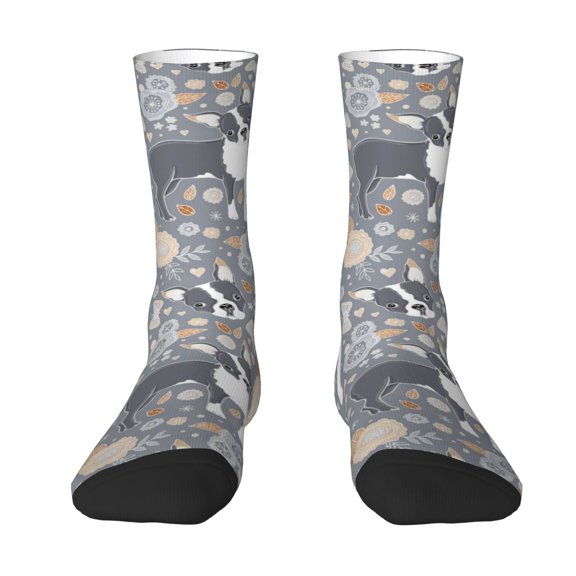 Uemuo Cute Dog And Flowers Pattern Women's Crew Socks, Soft Durable Breathable Moisture-Wicking with Odor Control Cotton socks