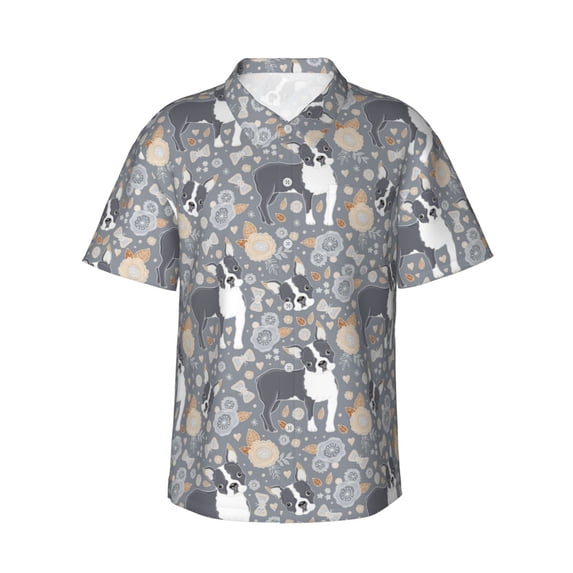 Uemuo Cute Dog And Flowers Printed Regular Fit Short Sleeve Casual Hawaiian Shirt for Men,Aloha shirt,Tropical shirt,Floral print shirt,Vacation Beach shirt-