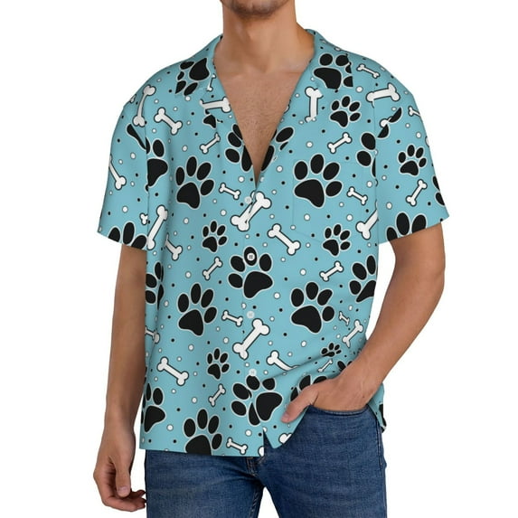 Uemuo Cute Dog Footprints Pattern Cotton Linen Short Sleeve Shirts,Casual Lightweight Button Down Shirts,Vacation Beach Summer Tops-XX-Large