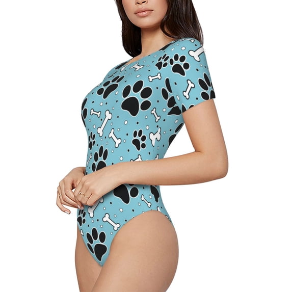 Uemuo Cute Dog Footprints Pattern Women's One Piece Short Sleeve Swimsuit Rash Guard Surfing Modest Quick-drying Swimsuit Beach Essentials-X-Large