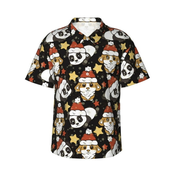 Uemuo Cute Dog Panda Printed Regular Fit Short Sleeve Casual Hawaiian Shirt for Men,Aloha shirt,Tropical shirt,Floral print shirt,Vacation Beach shirt-XX-Large