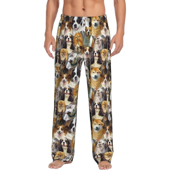 Uemuo Cute Dog Pattern Men's Wide Leg Palazzo Lounge Pants with Pockets Light Weight Loose Comfy Casual Pajama Pants-Small