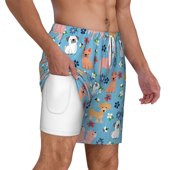 Uemuo Cute Dog Pattern Mens Swim Trunks Quick Dry Board Shorts with Mesh Lining, Stretch Beach Shorts Quick Dry No-Chafing Board Shorts-Small